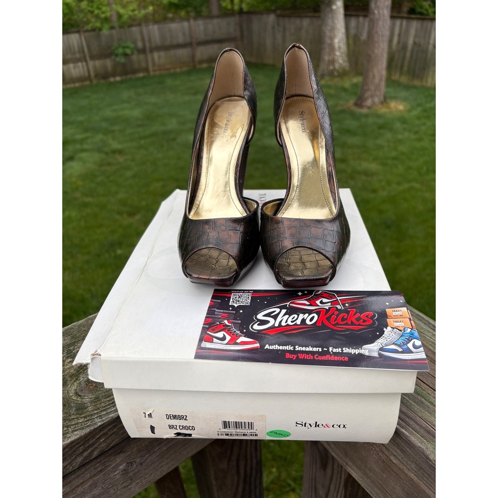 Style & Co Demi Bronze Croco Peep Toe‎ Pumps D'Orsay Heels Platform Shoes 7M